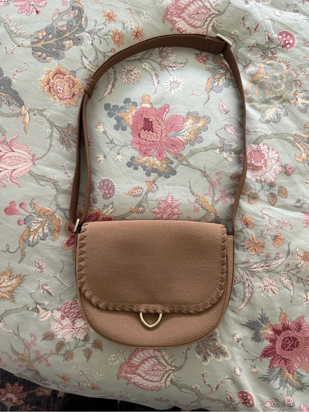 Rothy's Tan Crossbody Saddle Bag with Braided Edge